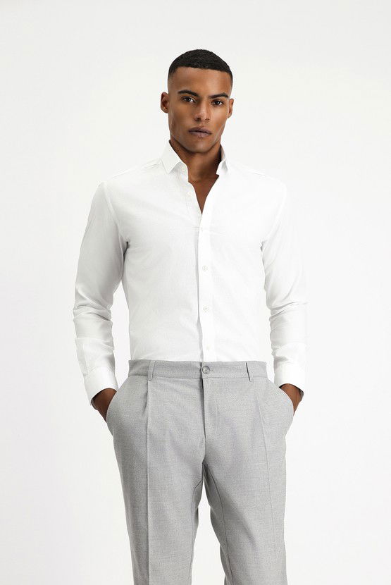 Erkek Giyim - Uzun Kol Slim Fit Dar Kesim Non Iron Desenli Klasik Pamuk Gömlek
