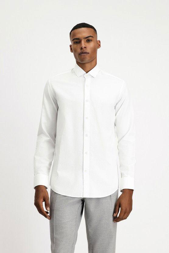 Erkek Giyim - Uzun Kol Slim Fit Dar Kesim Non Iron Desenli Klasik Pamuk Gömlek