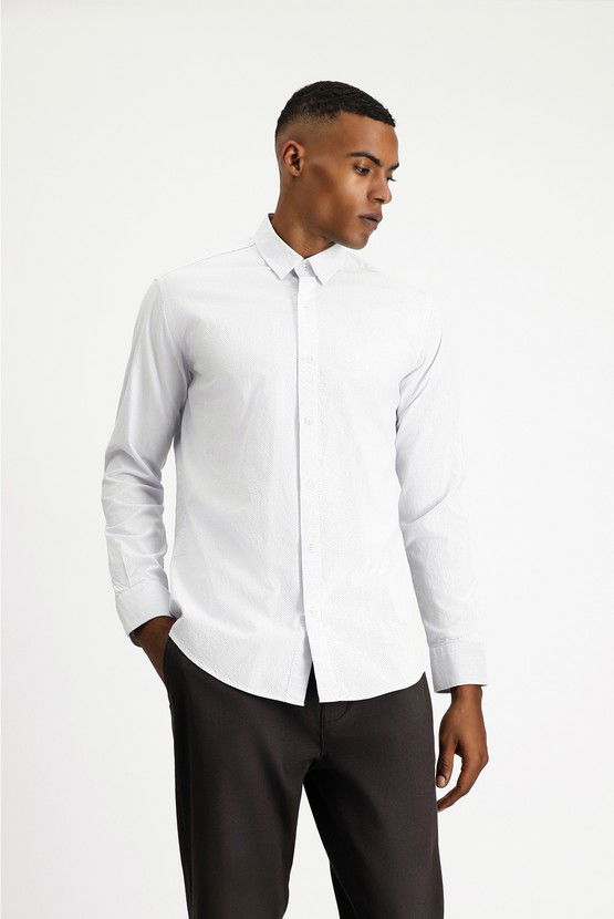 Erkek Giyim - Uzun Kol Slim Fit Dar Kesim Desenli Klasik Pamuk Gömlek