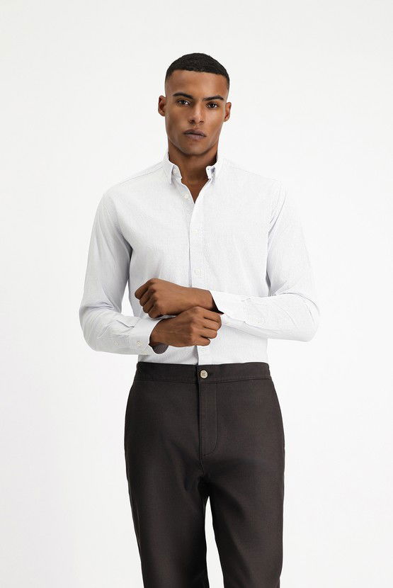 Erkek Giyim - Uzun Kol Slim Fit Dar Kesim Desenli Klasik Pamuk Gömlek