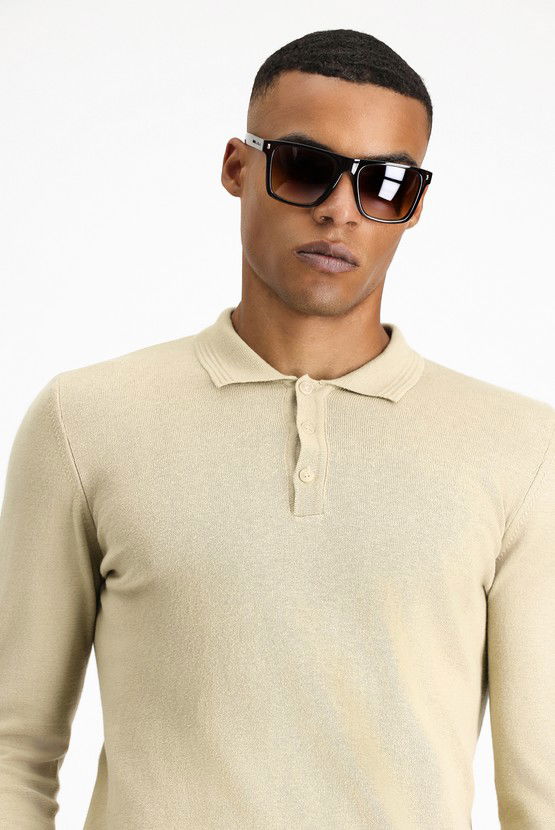 Erkek Giyim - Polo Yaka Regular Fit Pamuklu Kaşmirli Triko Kazak
