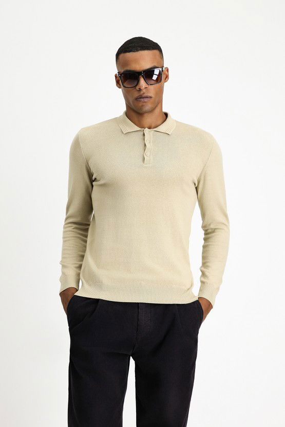 Erkek Giyim - Polo Yaka Regular Fit Pamuklu Kaşmirli Triko Kazak