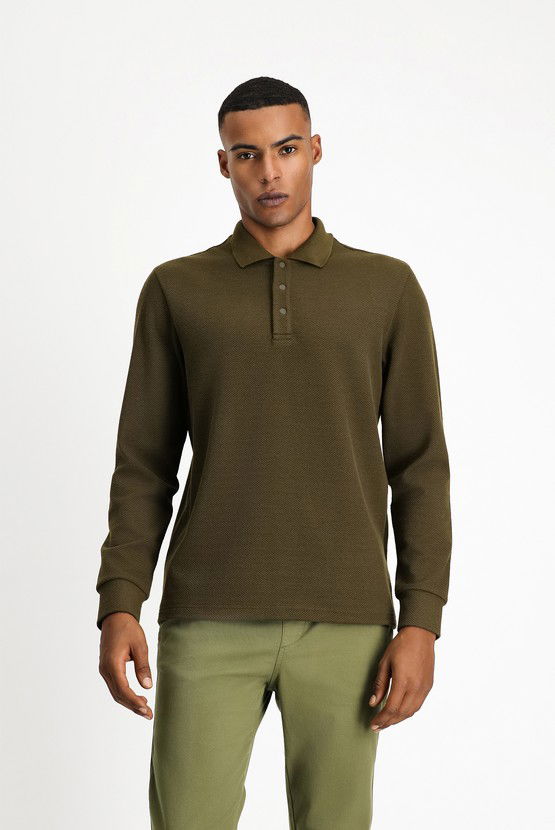 Erkek Giyim - Polo Yaka Regular Fit Desenli Sweatshirt