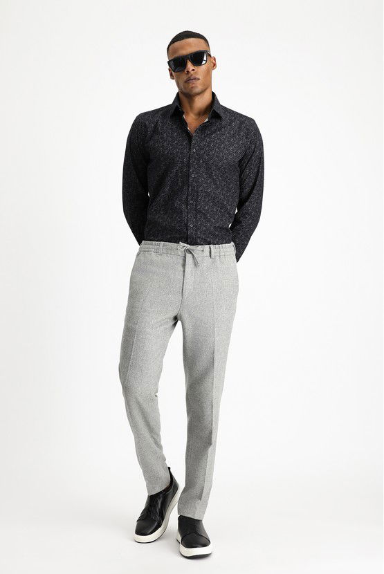 Erkek Giyim - Uzun Kol Slim Fit Dar Kesim Baskılı Spor Pamuk Gömlek