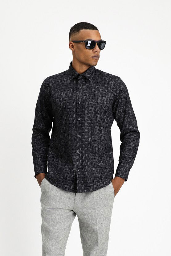 Erkek Giyim - Uzun Kol Slim Fit Dar Kesim Baskılı Spor Pamuk Gömlek
