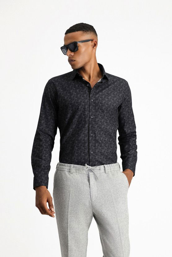Erkek Giyim - Uzun Kol Slim Fit Dar Kesim Baskılı Spor Pamuk Gömlek