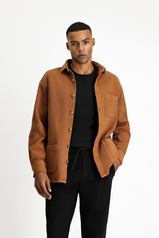 Erkek Giyim - Uzun Kol Oversize Desenli Shacket Pamuk Gömlek / Mont