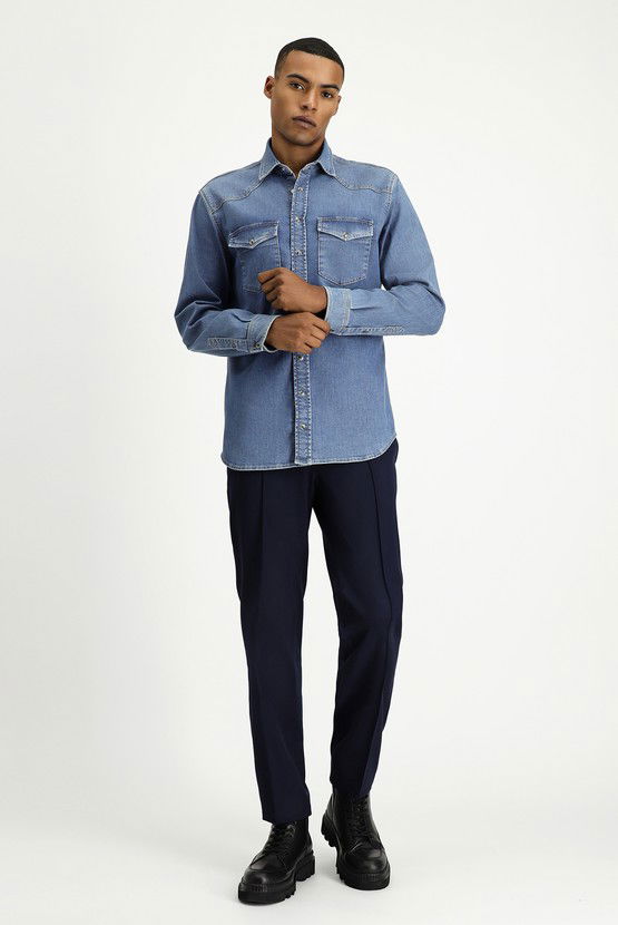 Erkek Giyim - Uzun Kol Regular Fit Pamuklu Denim Gömlek