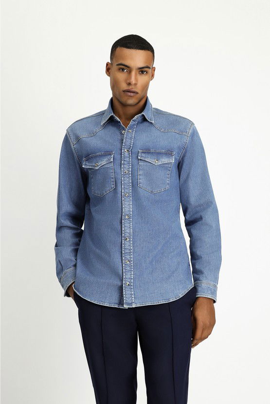 Erkek Giyim - Uzun Kol Regular Fit Pamuklu Denim Gömlek