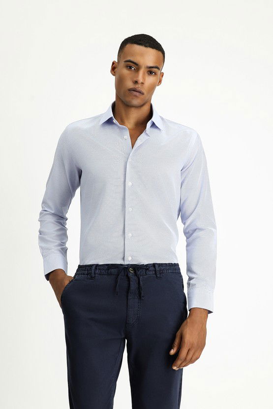 Erkek Giyim - Uzun Kol Slim Fit Dar Kesim Klasik Desenli Pamuklu Kolay Ütülenebilir Gömlek