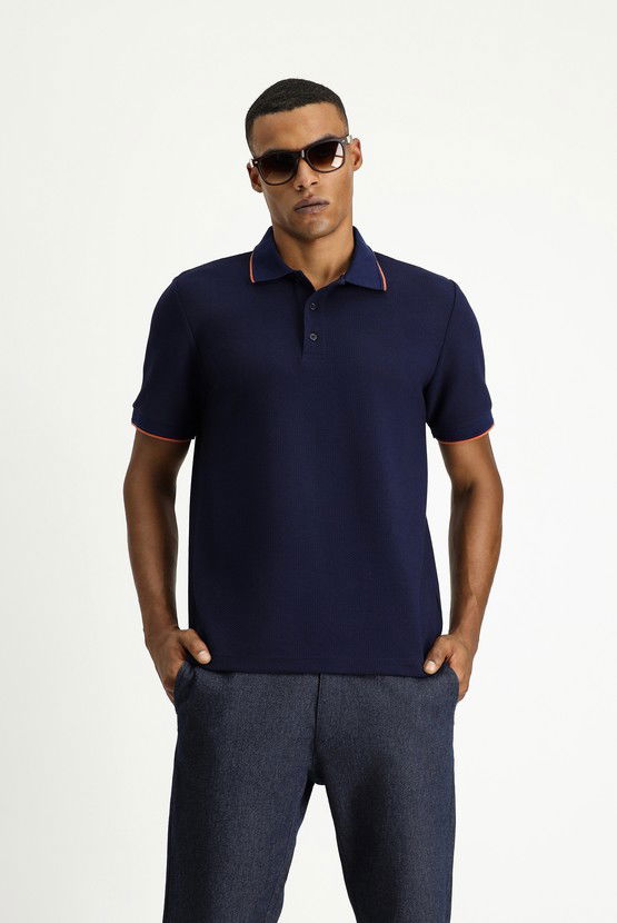Erkek Giyim - Regular Fit Desenli Likralı Polo Yaka Tişört