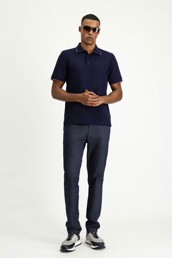 Erkek Giyim - Regular Fit Desenli Likralı Polo Yaka Tişört