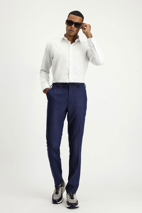 Erkek Giyim - Super Slim Fit Ekstra Dar Kesim Beli Lastikli İpli Desenli Likralı Klasik Kumaş Pantolon