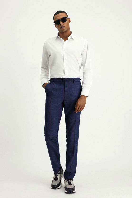 Erkek Giyim - Super Slim Fit Ekstra Dar Kesim Beli Lastikli İpli Desenli Likralı Klasik Kumaş Pantolon