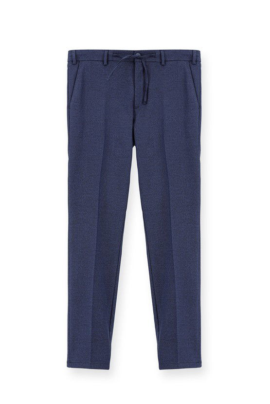 Erkek Giyim - Super Slim Fit Ekstra Dar Kesim Beli Lastikli İpli Desenli Likralı Klasik Kumaş Pantolon