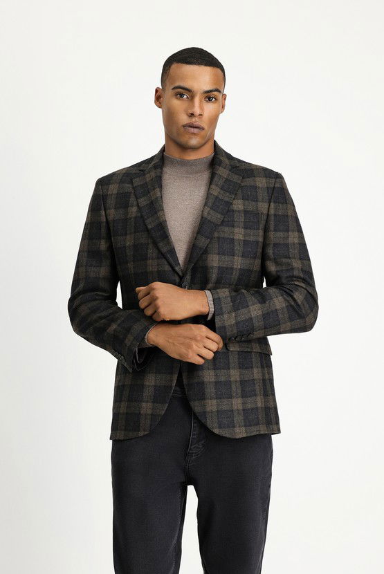 Erkek Giyim - Slim Fit Dar Kesim Klasik Ekose Yün Ceket