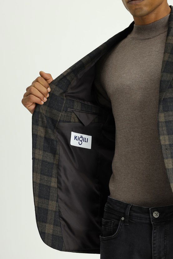 Erkek Giyim - Slim Fit Dar Kesim Klasik Ekose Yün Ceket