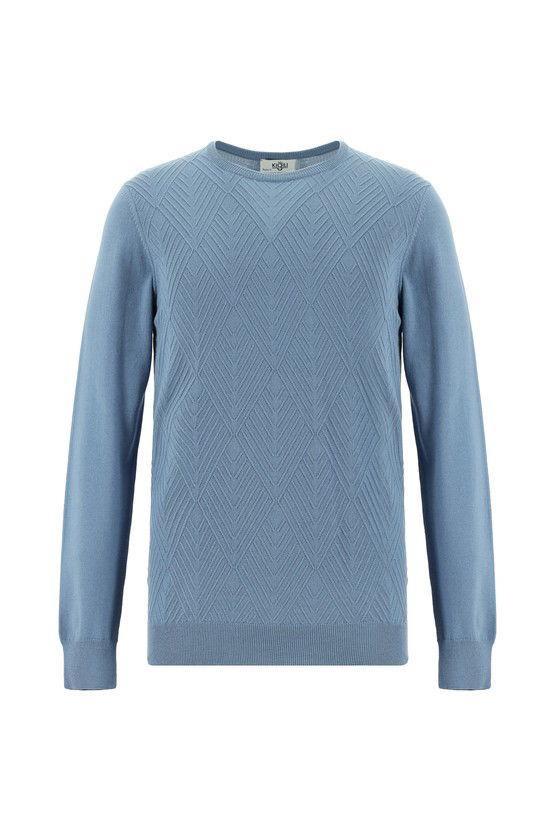 Erkek Giyim - Bisiklet Yaka Slim Fit Dar Kesim Desenli Pamuklu Triko Kazak