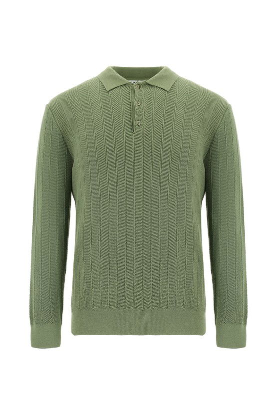 Erkek Giyim - Polo Yaka Slim Fit Dar Kesim Desenli Pamuklu Triko Kazak