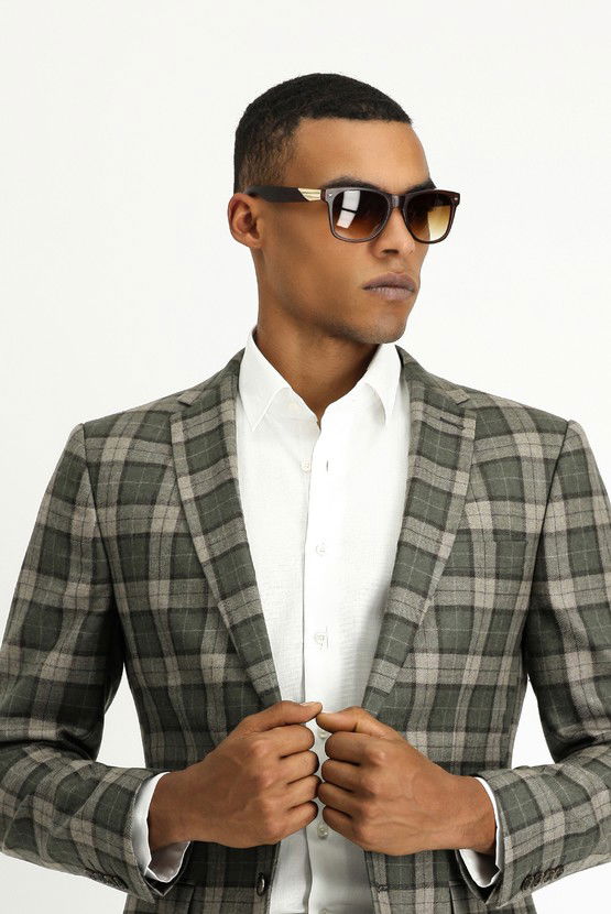 Erkek Giyim - Super Slim Fit Ekstra Dar Kesim Ekose Yün Ceket