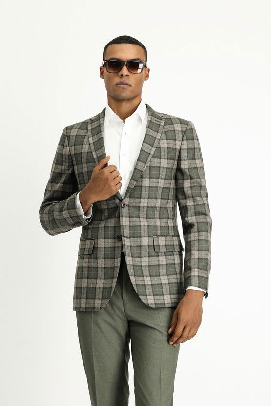 Erkek Giyim - Super Slim Fit Ekstra Dar Kesim Ekose Yün Ceket