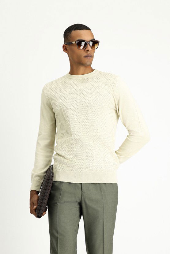 Erkek Giyim - Bisiklet Yaka Slim Fit Dar Kesim Desenli Pamuklu Triko Kazak