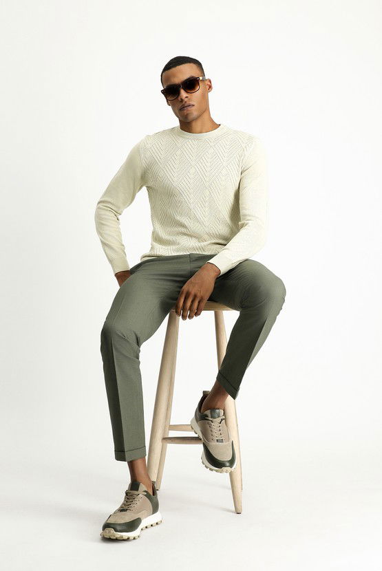 Erkek Giyim - Bisiklet Yaka Slim Fit Dar Kesim Desenli Pamuklu Triko Kazak
