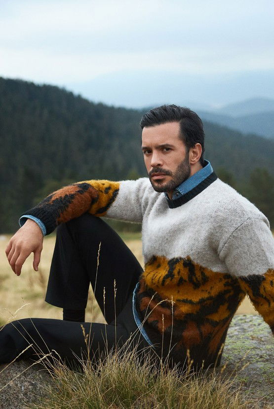Erkek Giyim - Bisiklet Yaka Oversize Desenli Triko Kazak