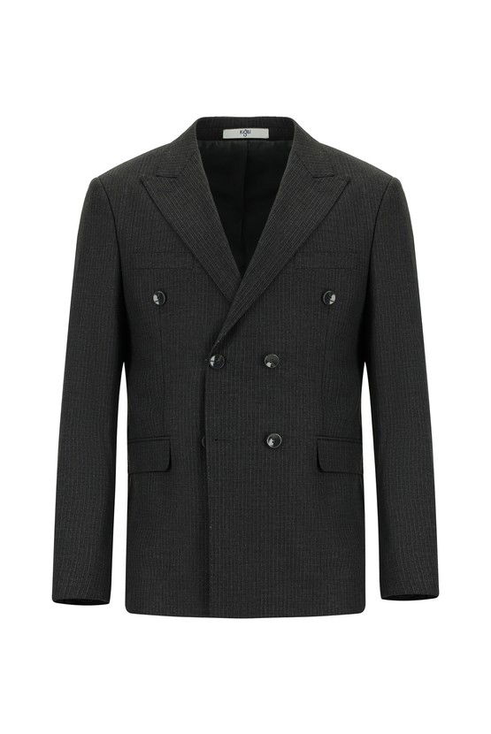 Erkek Giyim - Slim Fit Dar Kesim Çizgili Yünlü Kruvaze Takım Elbise