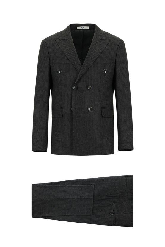 Erkek Giyim - Slim Fit Dar Kesim Çizgili Yünlü Kruvaze Takım Elbise