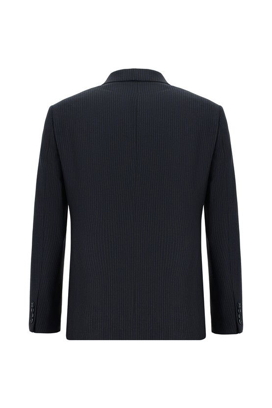Erkek Giyim - Slim Fit Dar Kesim Çizgili Yünlü Kruvaze Takım Elbise