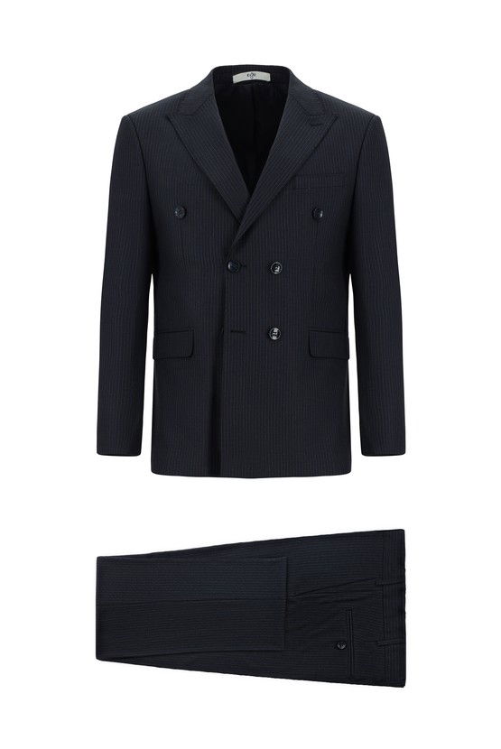 Erkek Giyim - Slim Fit Dar Kesim Çizgili Yünlü Kruvaze Takım Elbise