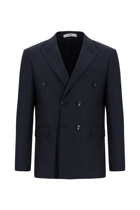 Erkek Giyim - Slim Fit Dar Kesim Çizgili Yünlü Kruvaze Takım Elbise