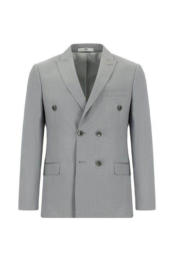 Erkek Giyim - Super Slim Fit Ekstra Dar Kesim Çizgili Kruvaze Takım Elbise