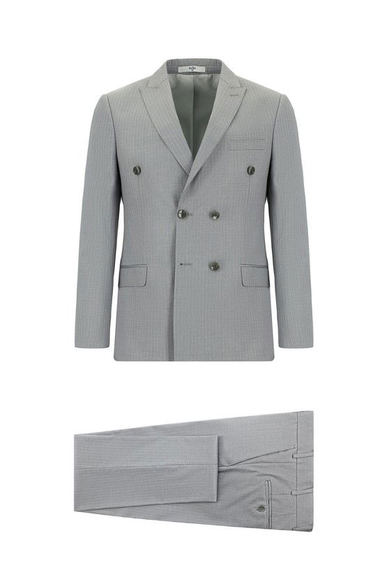 Erkek Giyim - Super Slim Fit Ekstra Dar Kesim Çizgili Kruvaze Takım Elbise