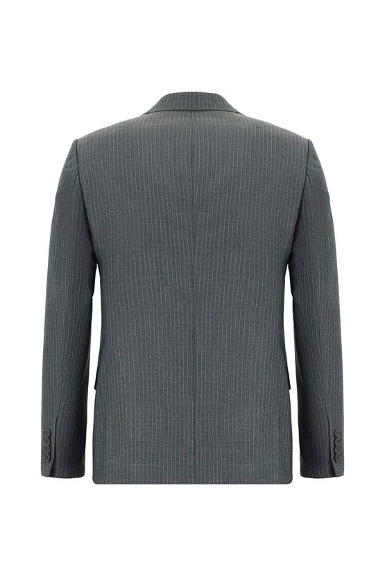 Erkek Giyim - Super Slim Fit Ekstra Dar Kesim Çizgili Kruvaze Takım Elbise