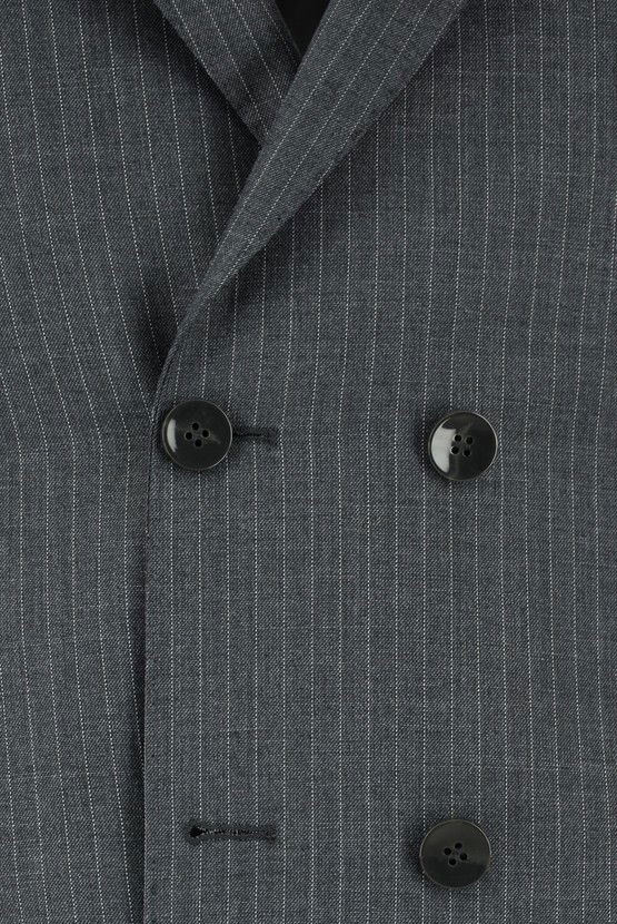 Erkek Giyim - Super Slim Fit Ekstra Dar Kesim Çizgili Kruvaze Takım Elbise
