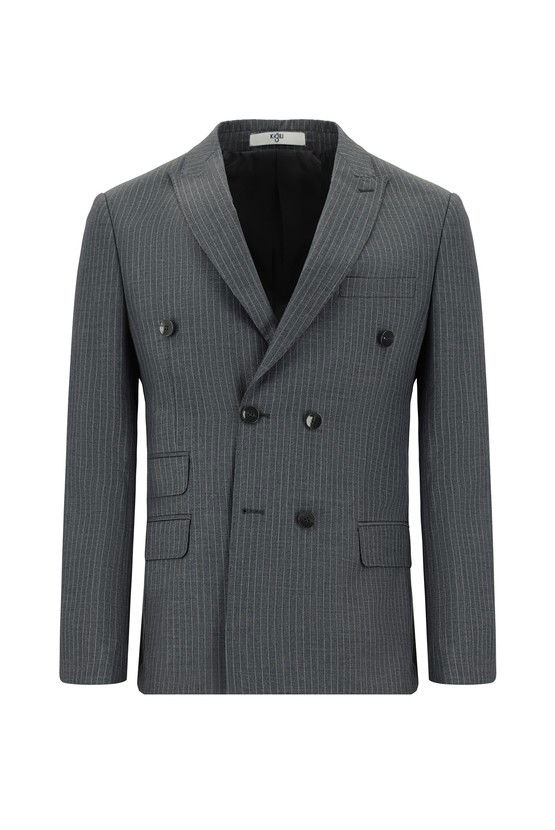 Erkek Giyim - Super Slim Fit Ekstra Dar Kesim Çizgili Kruvaze Takım Elbise