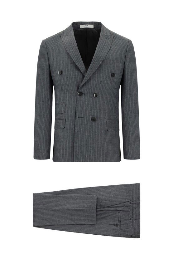 Erkek Giyim - Super Slim Fit Ekstra Dar Kesim Çizgili Kruvaze Takım Elbise