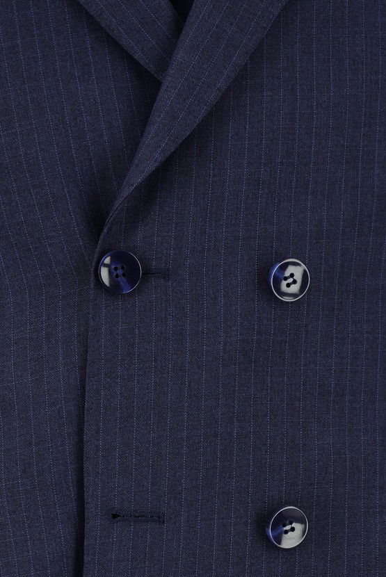 Erkek Giyim - Super Slim Fit Ekstra Dar Kesim Çizgili Kruvaze Takım Elbise