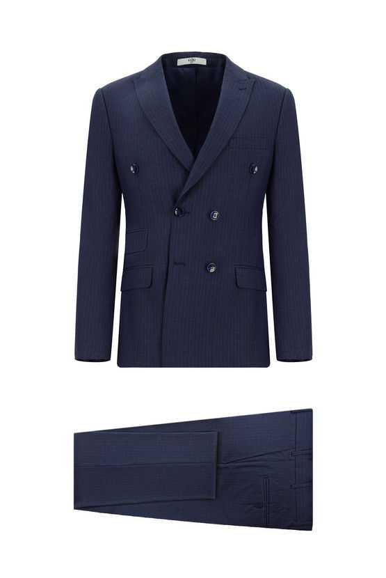 Erkek Giyim - Super Slim Fit Ekstra Dar Kesim Çizgili Kruvaze Takım Elbise