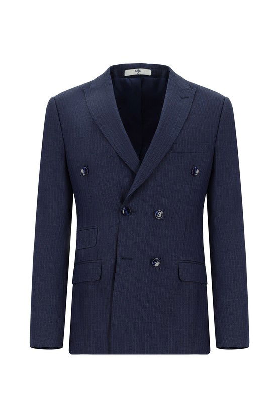 Erkek Giyim - Super Slim Fit Ekstra Dar Kesim Çizgili Kruvaze Takım Elbise