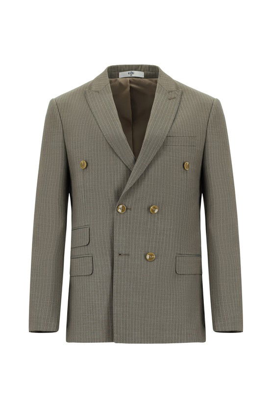 Erkek Giyim - Super Slim Fit Ekstra Dar Kesim Çizgili Kruvaze Takım Elbise