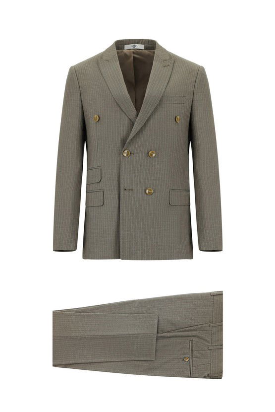 Erkek Giyim - Super Slim Fit Ekstra Dar Kesim Çizgili Kruvaze Takım Elbise