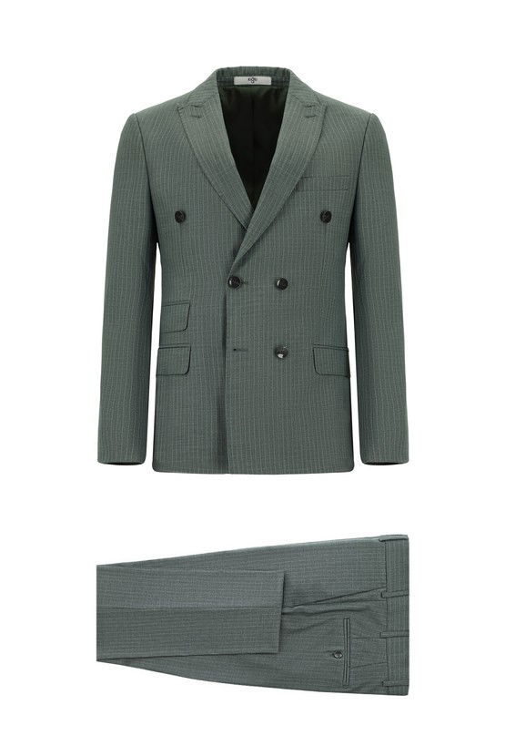 Erkek Giyim - Super Slim Fit Ekstra Dar Kesim Çizgili Kruvaze Takım Elbise