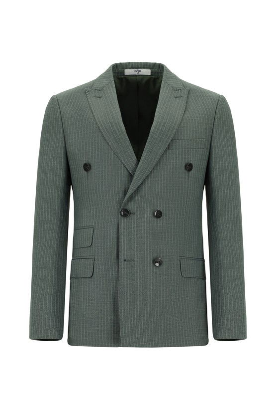 Erkek Giyim - Super Slim Fit Ekstra Dar Kesim Çizgili Kruvaze Takım Elbise