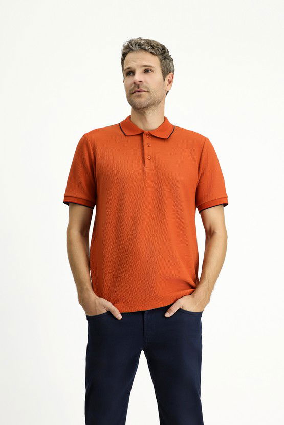 Erkek Giyim - Regular Fit Desenli Likralı Polo Yaka Tişört