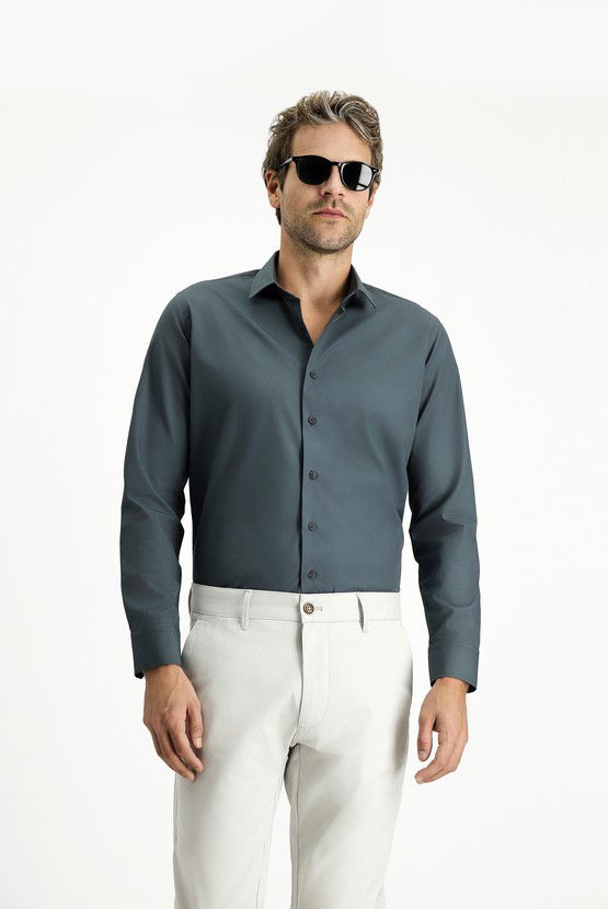 Erkek Giyim - Uzun Kol Slim Fit Dar Kesim Pamuk Klasik Gömlek