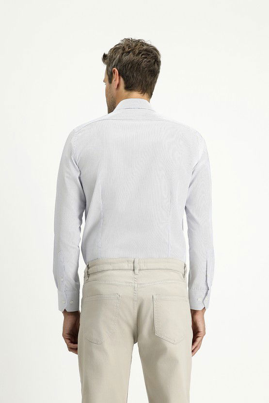 Erkek Giyim - Uzun Kol Slim Fit Dar Kesim Çizgili Pamuklu Klasik Non Iron Gömlek