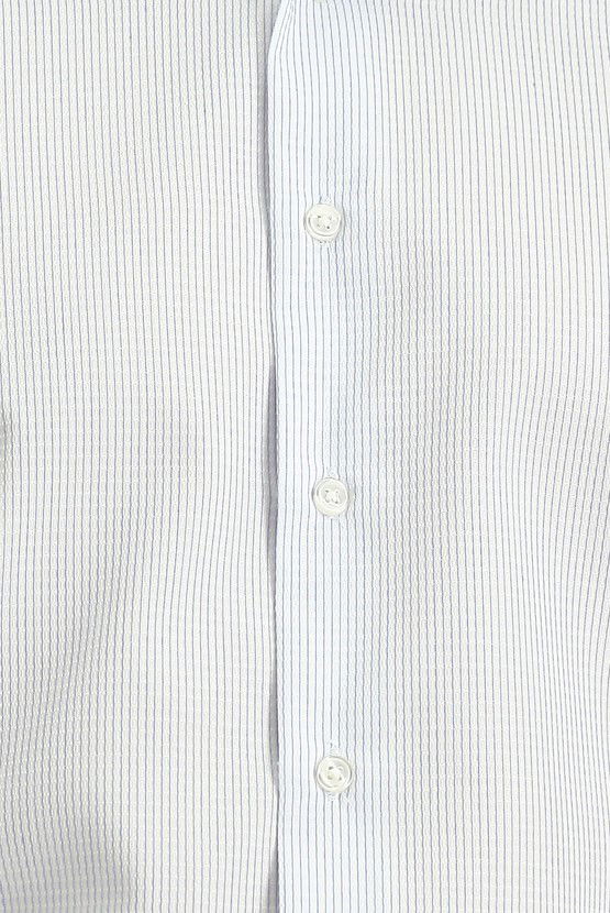 Erkek Giyim - Uzun Kol Slim Fit Dar Kesim Çizgili Pamuklu Klasik Non Iron Gömlek